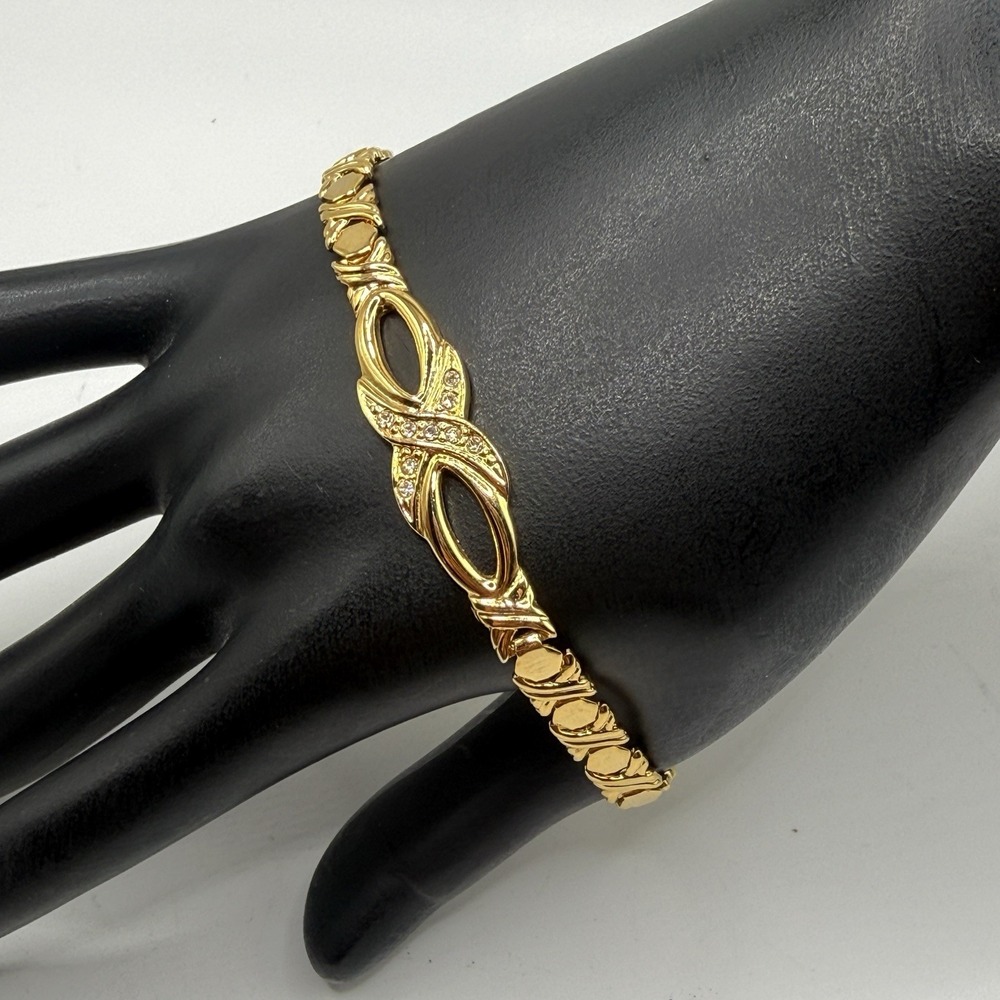 Vintage Gold Tone Crossover Cross Rhinestone Runway Links Bracelet 7"